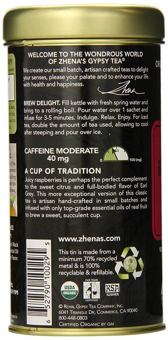 Zhena's Gypsy Tea, Raspberry Earl, 1.55 Oz, 22 Count Tea Sachets N3