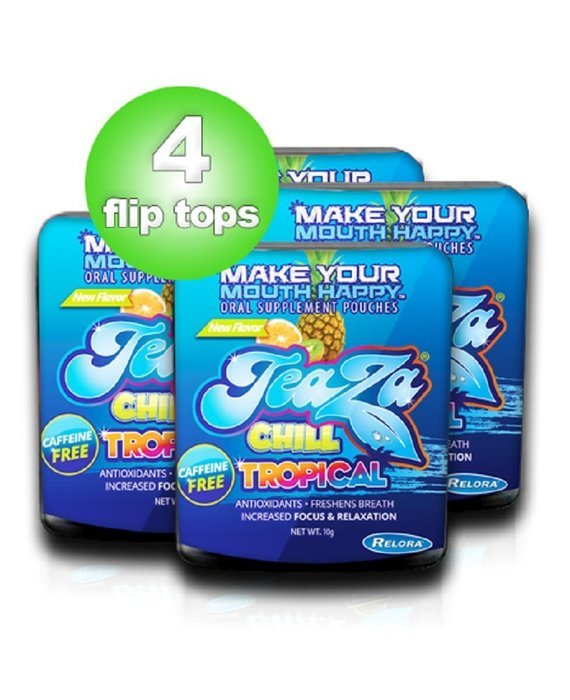 NEW TeaZa Tropical Chill with Relora Pineapple, Mango and Citrus flavor Herbal Relaxation Supplement 4 Pack