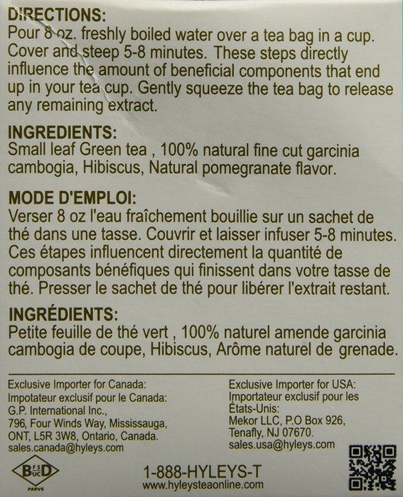 HYLEYS Tea Garcinia Cambogia Wellness Tea, Pomegranate, 1.32 Ounce N5