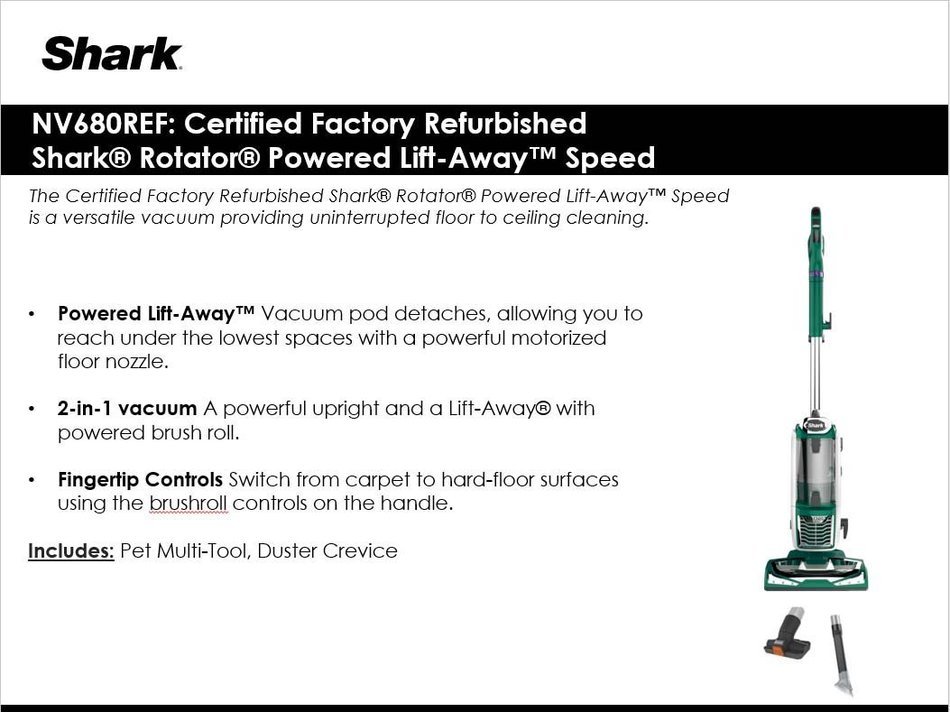 Shark Rotator Powered Lift-Away Speed Vacuum, Certified Refurbished | NV680 N6