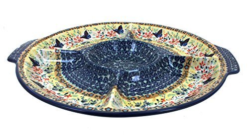 Polish Pottery Blue Butterfly Chip & Dip Plate