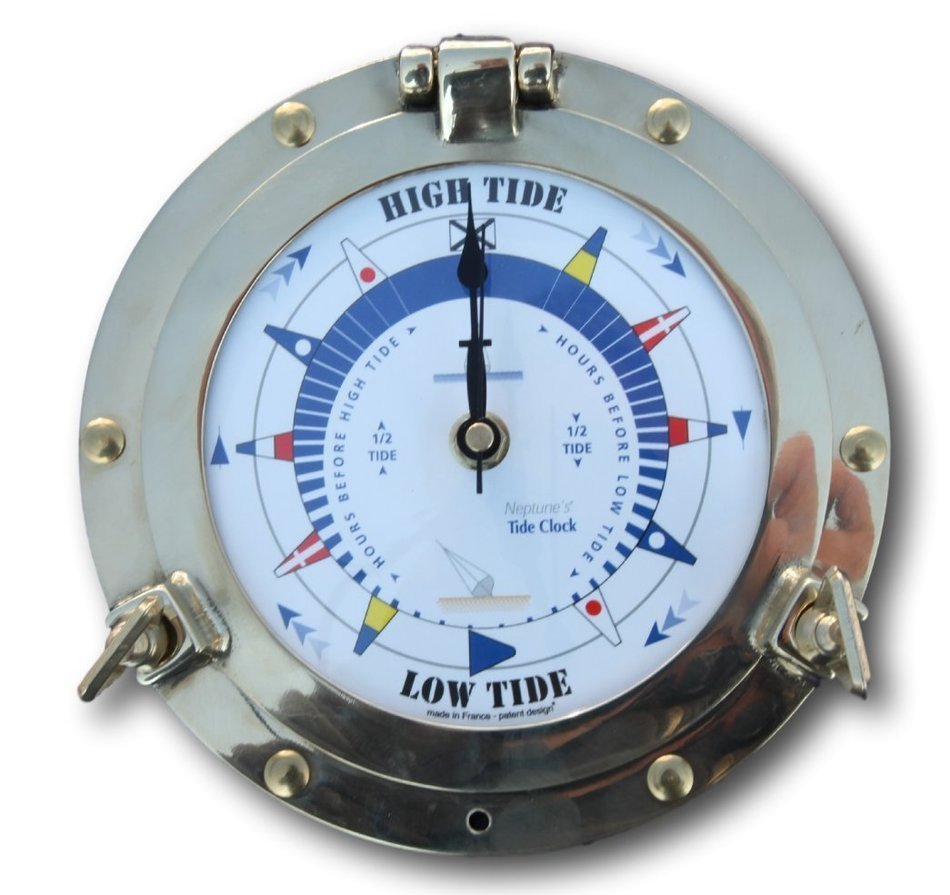 Traditional authentic porthole Tide Clock with hinged bezel, solid brass