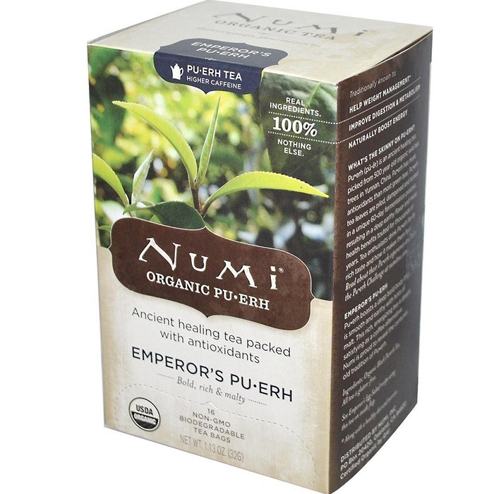 Numi Organic Tea Emperor's Pu-erh, Full Leaf Black Pu-erh Tea, 16-Count non-GMO Tea Bags (Pack of 2) N6