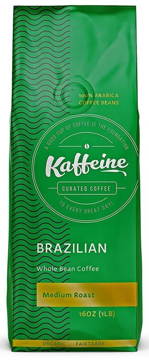 Kaffeine Koffee Organic Brazillian Bourbon Santos Medium Roast Whole Bean Specialty Gourmet Coffee (2 LB) N2