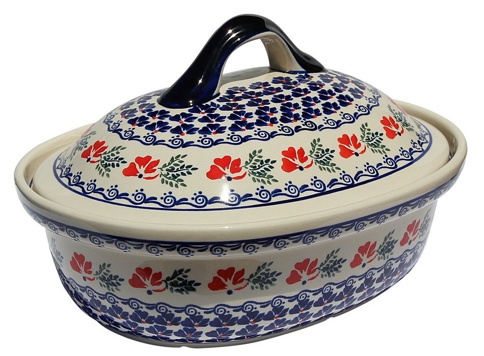 Polish Pottery Oval Casserole Dish From Zaklady Ceramiczne Boleslawiec #1158-1115 Classic Pattern, Height: 7.6...
