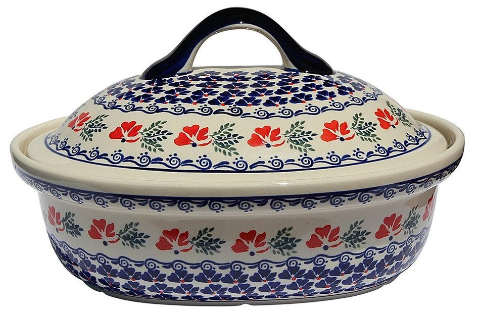Polish Pottery Oval Casserole Dish From Zaklady Ceramiczne Boleslawiec #1158-1115 Classic Pattern, Height: 7.6... N2