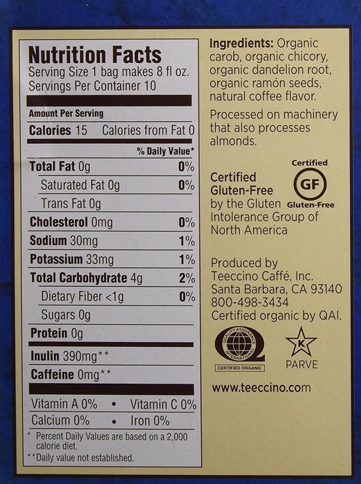 Teeccino Dandelion Dark Roast Herbal Coffee - 10 bags per pack -- 6 packs per case. N4
