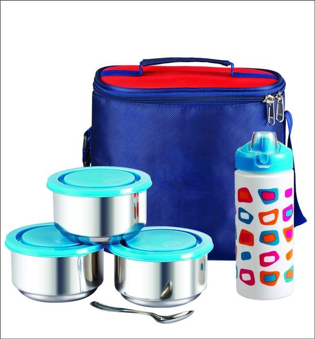 NanoNine Stainless Steel Tiffiny Meal Pack 3 containers and bottle, 3*350ml and 480ml, Soler