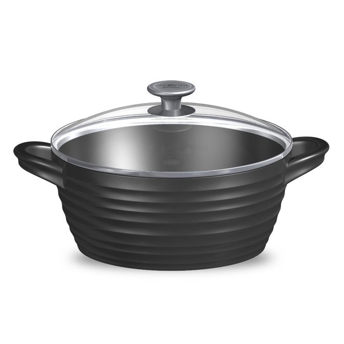 Portmeirion Sophie Conran Cast Aluminum Ceramic Coated Cookware Black Large Casserole with Glass Lid, 9.5 Inch