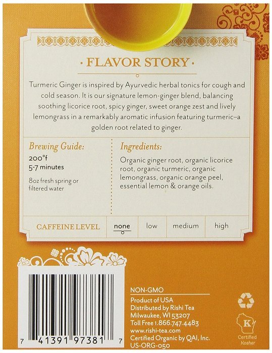 Rishi Tea Organic Turmeric Ginger Tea Bags, 15 Count (Pack of 6) N2