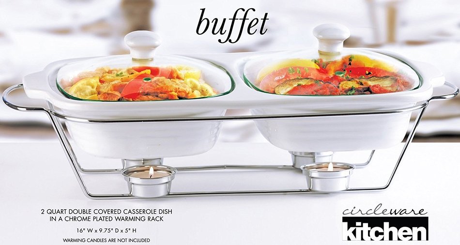 Circleware Ceramic Chafer Double Buffet Server/warmer/baker Serving Tray with Glass Lid and Chrome Metal Serving... N7