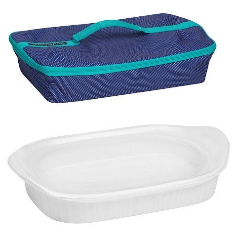 CorningWare&reg; French White 3-qt Portable Rectangular Baker w/ Blue Carrier