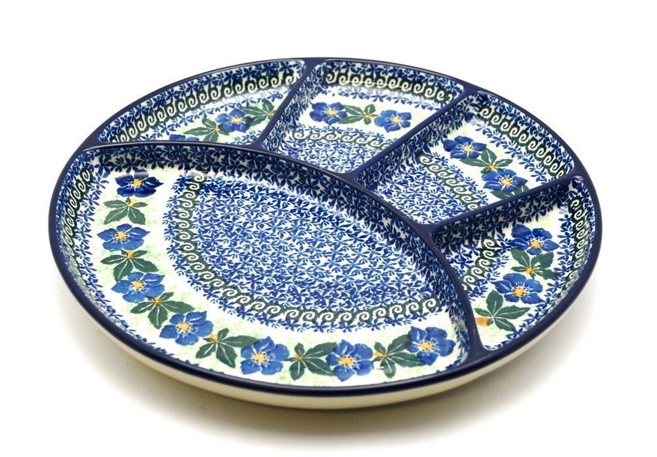 Polish Pottery Dish - Divided Appetizer - Blue Pansy