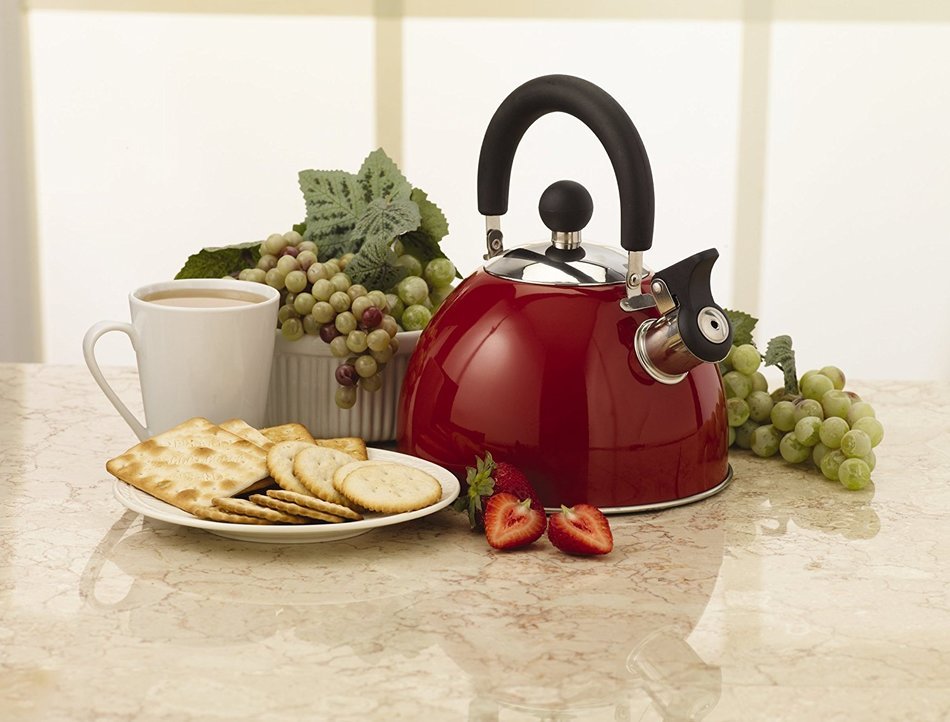 Kamenstein Whistle Tea Kettle (Stainless Steel, 2-Quart, Red) N3