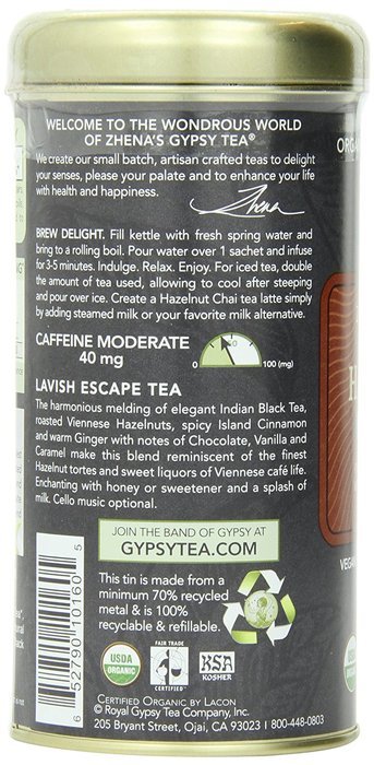 Zhena's Gypsy Chai Black Tea, Hazelnut, 1.54 Oz, 22 Count N3