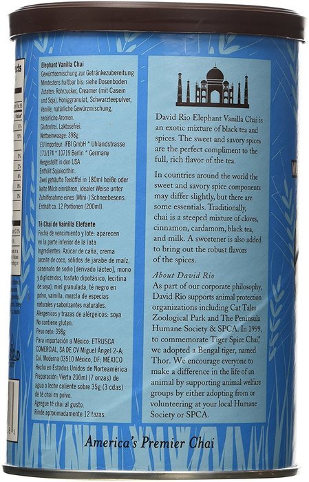 David Rio Elephant Vanilla Chai, 14oz. - 2 canisters N2