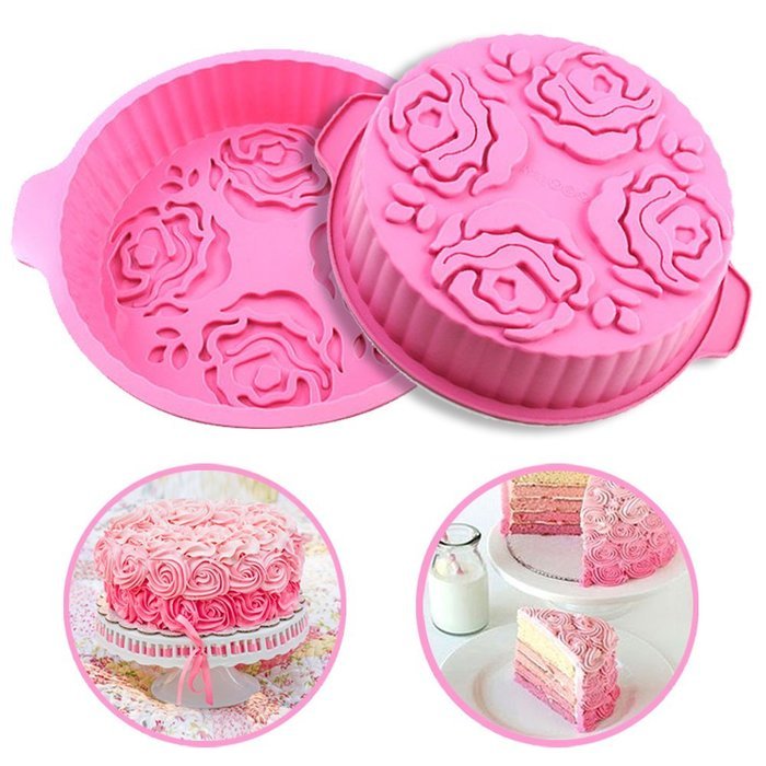 DiDaDi Pink Round Silicone 3D Rose Flower Pattern Bread Cake DIY Baking Mould Pan Mold