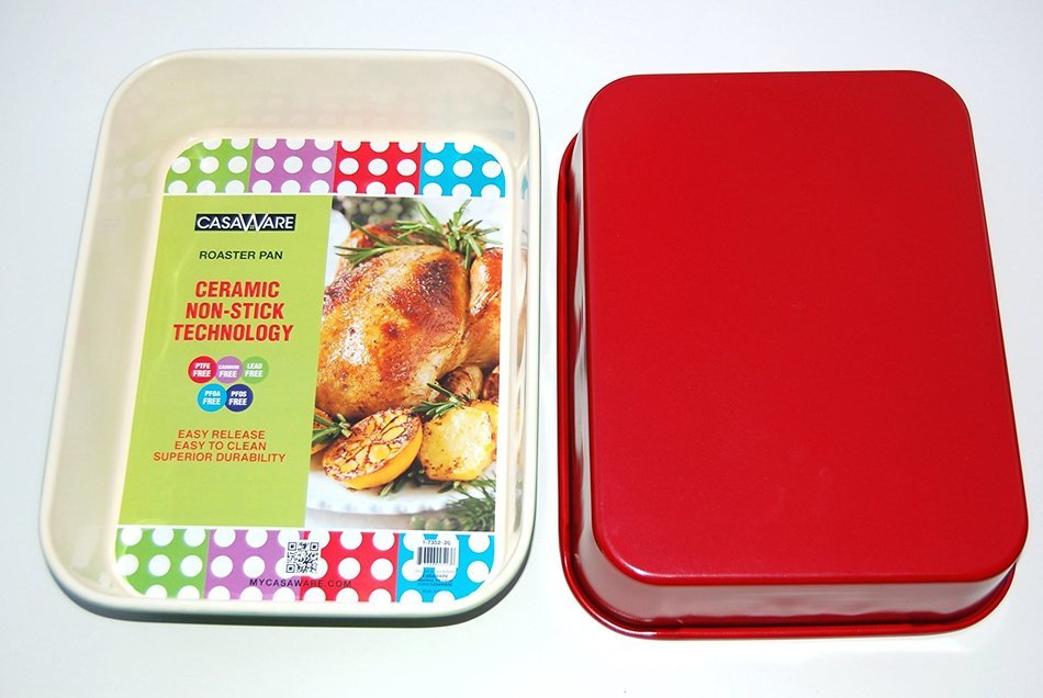 casaWare Ceramic Coated NonStick Lasagna/Roaster Pan 13 x 10 x 3-Inch (Cream/Red)