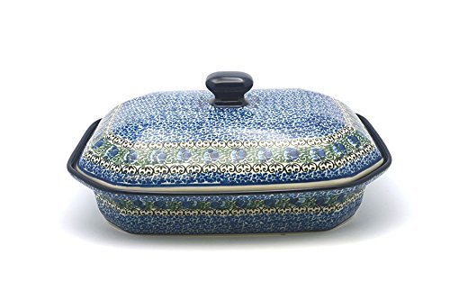 Polish Pottery Baker - Rectangular Covered - Large - Peacock Feather