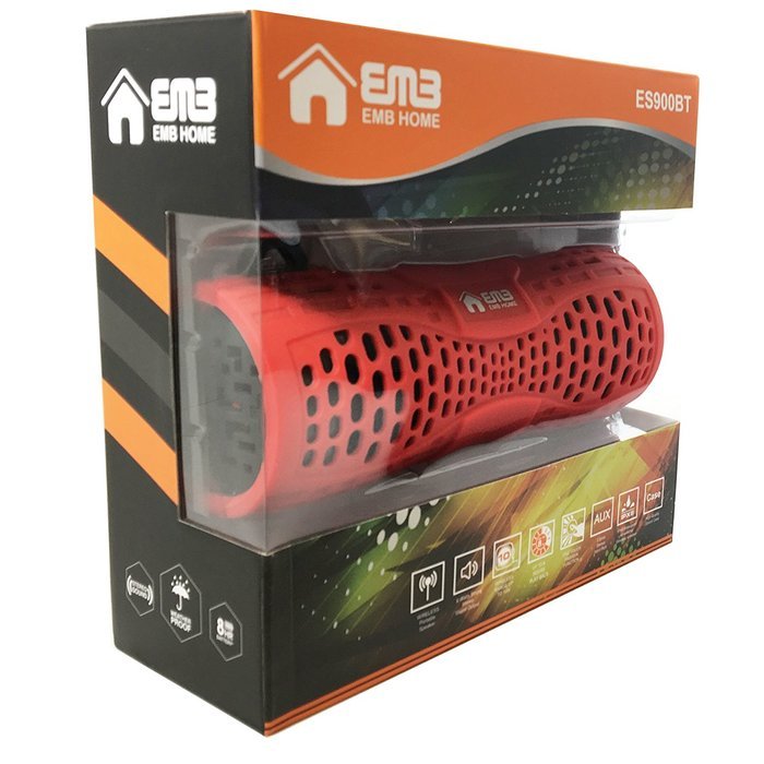 EMB ES900BT-RB Water Resistant Super Loud Portable Bluetooth Speaker - RED on BLACK N8