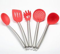 Kingree Silicone Kitchen Utensil Set, Stainless Steel Large Cooking Tool SET - Spoon, Deep Ladle, Spaghetti Spoon...
