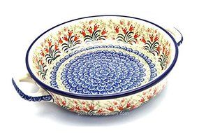 Polish Pottery Baker - Round with Handles - Large - Crimson Bells