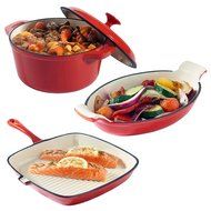 VonShef Cast Iron Dishes Set of 3 Casserole, Gratin and Griddle Set Oven to Table Cookware