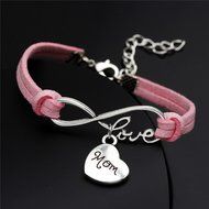 For Mother&#039;s Day Gift Charm Silver Heart &quot;Mom&quot; Love Pink Velvet Bracelet Bangle