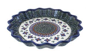 Polish Pottery Mosaic Flower Fluted Quiche Dish