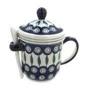 Polish Pottery Peacock Mug with Strainer &amp; Spoon