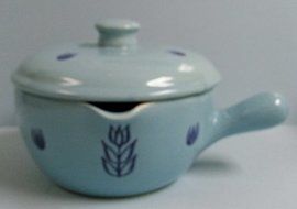 Vintage Cronin Pottery - Bake Oven USA - Large Blue Tulip Soup Dish with Lid