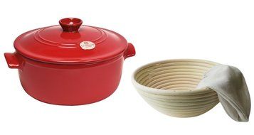 Emile Henry Ceramic Dutch Oven Baker Bread Pot, Burgundy, 8 inch Round Banneton Bread Basket, Cotton Liner Bundle