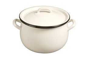 Emalia Olkusz 1907 Enameled Hand Finished Round Casserole Dish With Lid, Cream With Black Trim, 7"