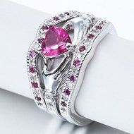 3PCS Heart Blue Sapphire 925 Sterling Silver Claddagh Ring Set Wedding Jewelry (6) N4