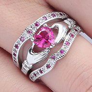 3PCS Heart Blue Sapphire 925 Sterling Silver Claddagh Ring Set Wedding Jewelry (6) N5