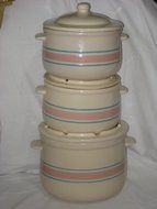 6 Piece Set - Vintage McCoy Pottery Pink &amp; Blue Stripe Bean Casserole Baking Pot USA