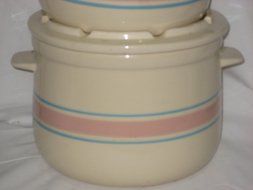 6 Piece Set - Vintage McCoy Pottery Pink &amp; Blue Stripe Bean Casserole Baking Pot USA N2