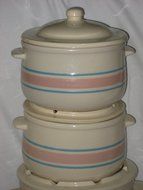 6 Piece Set - Vintage McCoy Pottery Pink &amp; Blue Stripe Bean Casserole Baking Pot USA N3