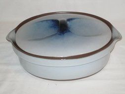Vintage PETER POTS Light Blue Covered Oval Pottery Stoneware Casserole