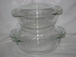Vintage Pyrex Round Clear Glass 1 1/2 Liter &amp; 2 Quart Casserole Baking Dishes w/ Lids - 4 Piece Set