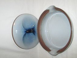 Vintage PETER POTS Light Blue Covered Oval Pottery Stoneware Casserole N2