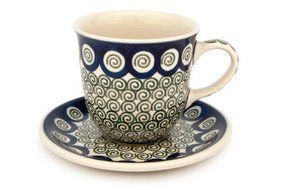 Polish Pottery Peacock Swirl Cup &amp; Saucer