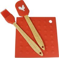 Red - Colorful Silicone 3 Piece Baking Set: Spatula, Brush, Mat