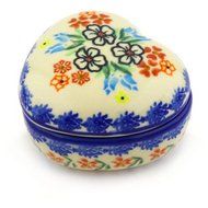 Polmedia Polish Pottery 4-inch Stoneware Heart Shaped Jar H2129G Hand Painted from Cer-Maz in Boleslawiec Poland...
