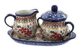 Polish Pottery Red Daisy Sugar &amp; Creamer with Tray