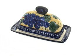 Polish Pottery Grapes Butter Dish with Cobalt Trim N2