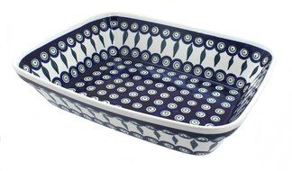 Polish Pottery Peacock Large Deep Baker