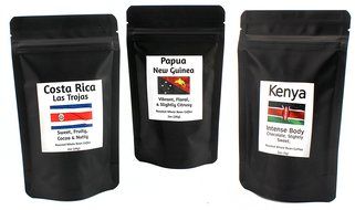 Single Origin Whole Bean Coffee Sampler, Artisanal Roasted Kenya AA, Costa Rica &amp; Papua New Guinea 3-2oz packages