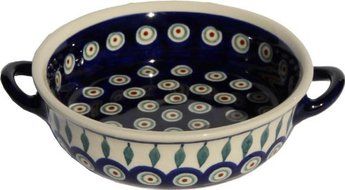 Polish Pottery Round Baker with Handles 6&quot; From Zaklady Ceramiczne Boleslawiec #1454-56 Peacock, Diameter: 6&quot; N2