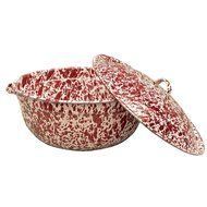 Enamelware Round Covered French Oven - Red Marble N3